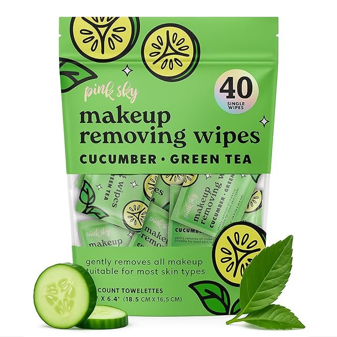 Pink Sky Makeup Remover Wipe for Face - Ultra Soft, Mini Makeup Wipes Individually Wrapped, Travel Makeup Wipe, Gently Cleanse & Remove, 40 Count (40 Wipes, CUCUMBER & GREEN TEA)
