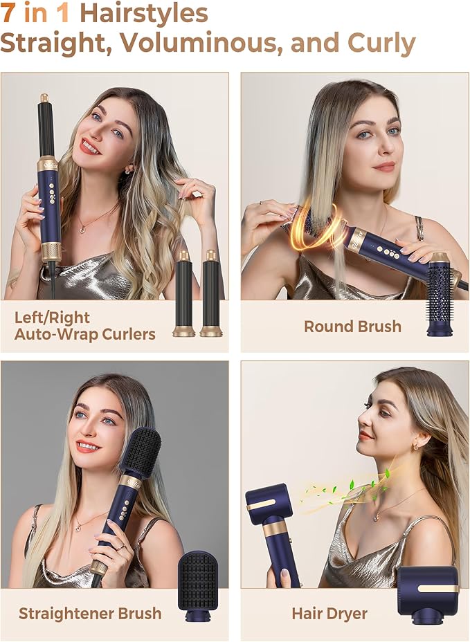 Hair Dryer Brush 7 in 1，110000 RPM Hair Dryer with Diffuser for Curly & Twisted Hair Professional Ionic Brush Blow Dryer for Salon-Quality Styling (Blue Gold)