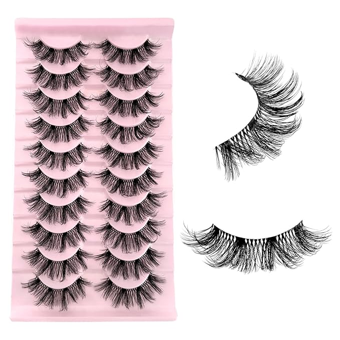 Mink Lashes Fluffy False Eyelashes Volume Wispy Lashes Fake Lashes Natural Look Eyelashes Faux Mink Lashes Strip Eyelash 10 Pairs Pack