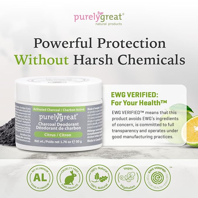 Purelygreat - Citrus Scented Charcoal Deodorant Cream, Chemical-Free Hygiene Essentials for Women, Natural Deodorant for Men Made with Activated Charcoal, Soda & Essential Oils, 1.76 oz / 50 g