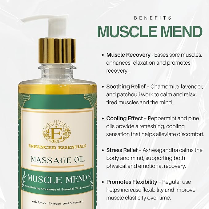 Luxurious Massage Oil by Enhanced Essentials|with Ayurvedic Extracts & Essential Oils | Firms, Nourishes & Uplifts Skin | Fast-Absorbing, Non-Greasy, Clean Formula|16.9 fl oz (500ml) (Muscle Mend)