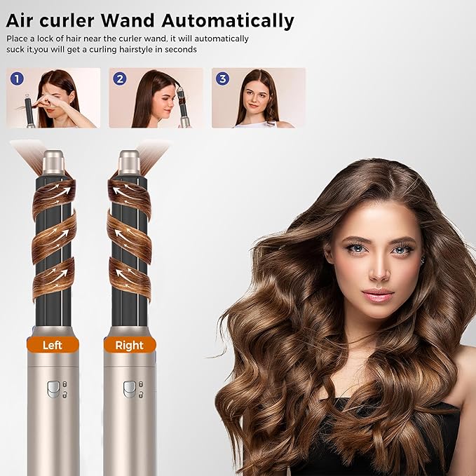 6 in ONE Blow Dryer Brush,Air Curling Iron Round Brush Blow Dryer 800W,Ionic Hair Dryer Brush for Women, Hot Air Brush Hair Styling Tools 100-120V (Golden Champagne)
