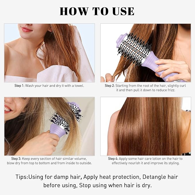Tome Travel Hair Dryer Brush, Dual Voltage Blow Dryer Brush, Mini Hot Air Portable 2 inch Travel Hair Dryer Styler Volumizer Oval Shape (Purple)