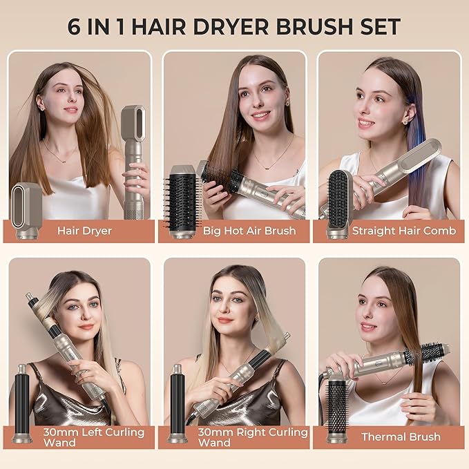 6 in ONE Blow Dryer Brush,Air Curling Iron Round Brush Blow Dryer 800W,Ionic Hair Dryer Brush for Women, Hot Air Brush Hair Styling Tools 100-120V (Golden Champagne)
