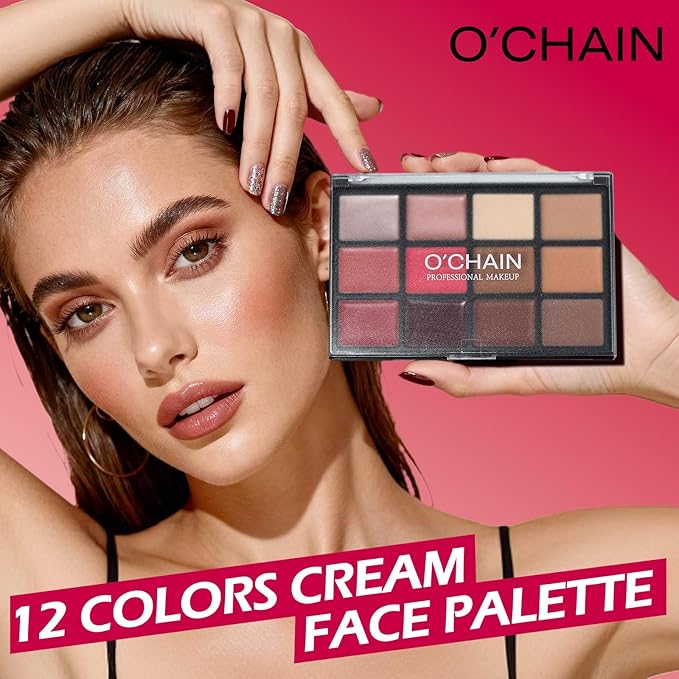 O'CHAIN 12 Colors Cream Face Palette Makeup Set, Contour Blush Highlight All in One Kit, Long Lasting,Light Weight, Beauty Gift for Her, Ideal for Christmas Valentine's Day and Festivals