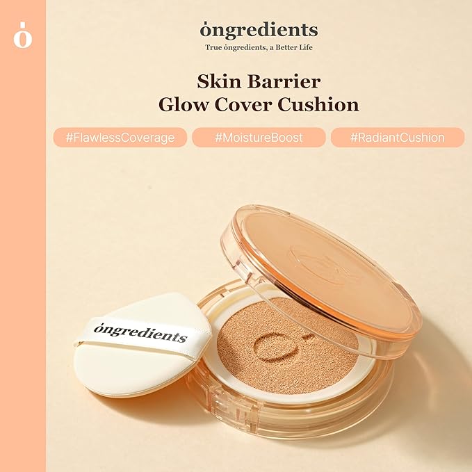 Skin Barrier Glow Cover Cushion, All-day Coverage, Glow Finish, Lightweight, Skincare-Like Texture, Non-cakey Makeup, Korean Cushion Foundation (#21N Sun Glitter, 0.49 oz)