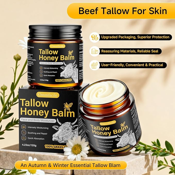 Beef Tallow Honey Balm for Skin,Face,Body - Handmade Whipped Cream Face Moisturizer with 100% Grass-Fed Beef Tallow & Raw Honey,Narural Organic Body lotion for Men&Women,Unscented,4.23OZ