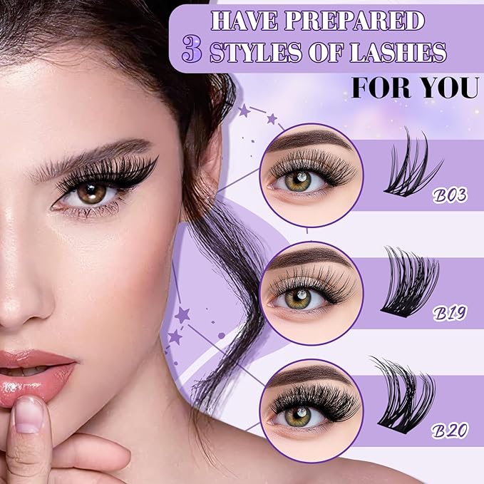 Lash Clusters Kit B03+B19+B20 Eyelash Extension Kit B&Qaugen DIY Lash Extension Kit 156 PCS Lash Clusters 8-18mm Cluster with Lash Bond and Seal Lash Applicator Tool (Kit,Equuleus)