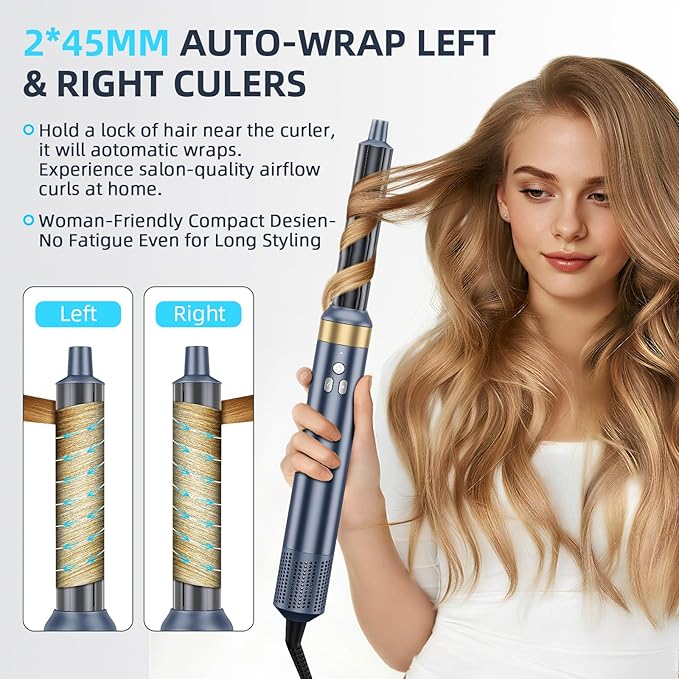 6-in-1 Hair Styler, Hair Dryer, Multi-Function Hot Air Brush Set, Ionic Blow Dryer with Interchangeable Attachments for Curling, Straightening (Gemstone Blue)