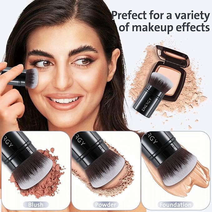 ENERGY Kabuki Brush Retractable - Makeup Kabuki Foundation Brush Travel for Liquid, Blush, Loose Powder & Cream Bronzer Blending, Buffing Cruelty-Free Face Makeup Brushes with Cover Mini (Black)