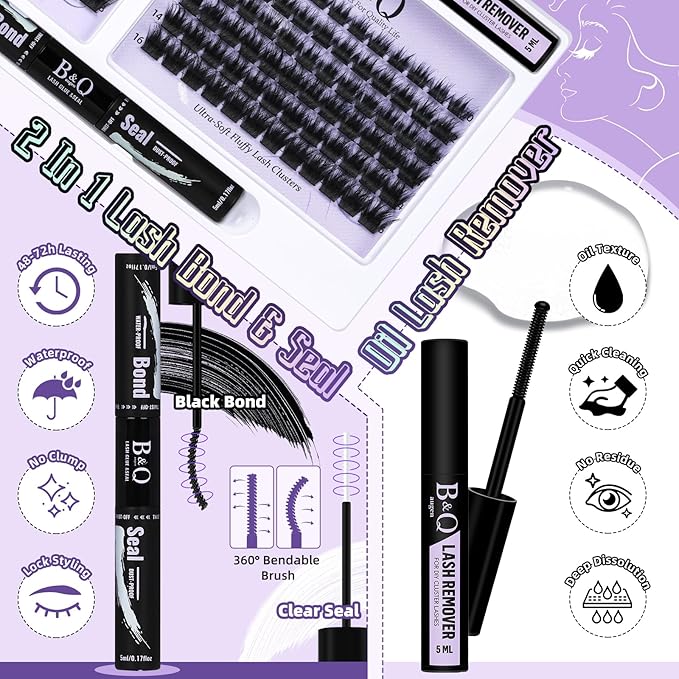 B&Q Lash Extension Kit F03 Eyelash Extension Kit 144 PCS Ultralight Eyelash Clusters Lash Clusters Kit 8-18MIX DIY Ultra-Soft False Eyelashes at Home with Lash Applicator Tools (Kit，F03)