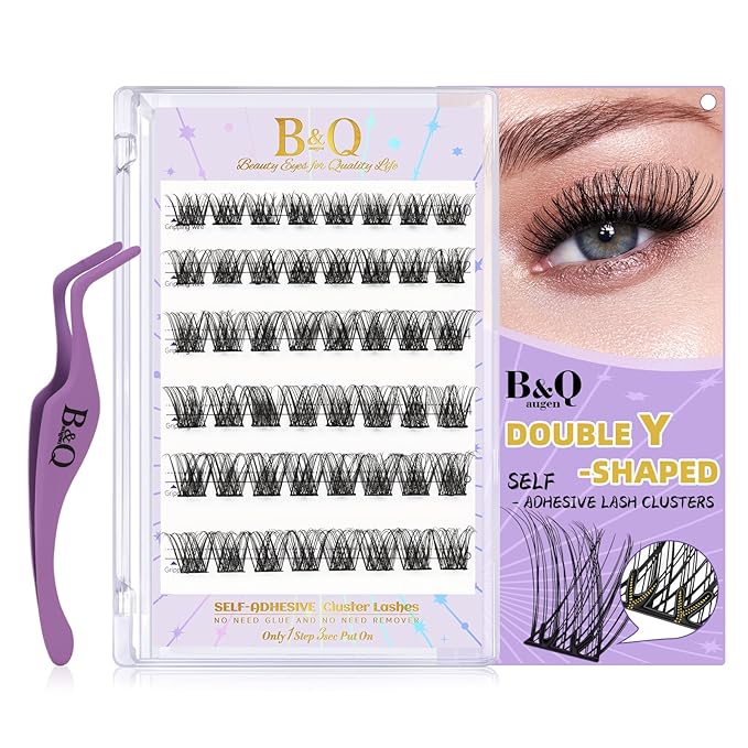 B&QSelf Adhesive Eyelashes SA03 48 PCS Self Adhesive Lashes Pre-Glued Cluster Lashes D Curl No Glue Eyelashes 10-16mm with Lash Tweezers 1 Step DIY Lash Self Stick (SA03-D)
