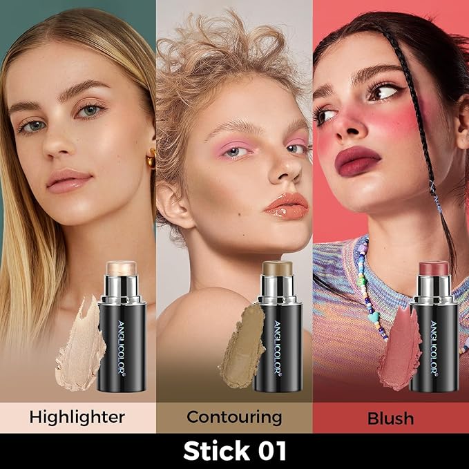 3PC Anglicolor Highlighter Long Lasting,Contour Stick Makeup Naturally,Blush Makeup Smoothing,High Color Rendering,Easy To Mix,Vegan & Cruelty-Fre