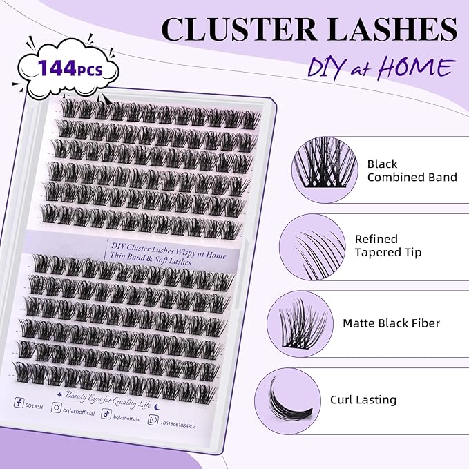 B&Qaugen Lash Clusters B62 Clusters Lashes 144 PCS Eyelash Clusters D Curl 18mm Individual Lashes Wispy Volume False Eyelashes Soft Lightweight DIY Eyelash Extension at Home (B62,D-18mm)