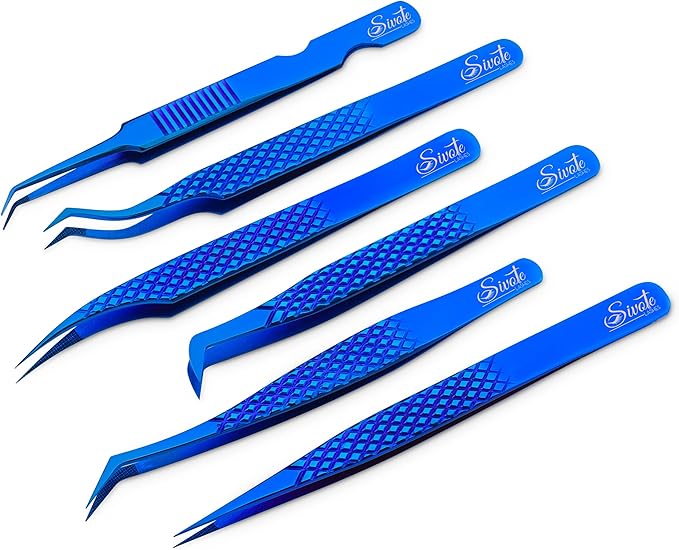 SIVOTE Eyelash Extension Tweezers Fiber Tips Japanese Steel, Set of 6 – Curved, Dolphin, 90° 45° Volume Boot & Slight Curved Tweezer – Professional Lash Tweezers for Lash Extensions Blue