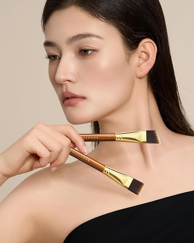 Desert Oak Series Foundation Master Duo Brush Set - CM 184 Liquid Flat Top & CM 185 Cream Angled Brush for All Foundation Types, Bubinga & Brass
