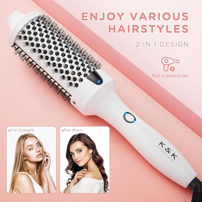 K&K Thermal Brush, White 1.77 Inch Heated Round Brush, Professional Heated Curling Ceramic Tourmaline Ionic Curling Iron, Hot Styling Volumizing Comb, Dual Voltage
