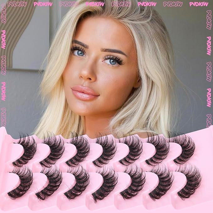 Mink Fake Lashes Wispy False Eyelashes Clear Band Natural Look Cat Eye Lashes Pack 3D 8-15mm Strip Lashes Wispy, 7 Pairs