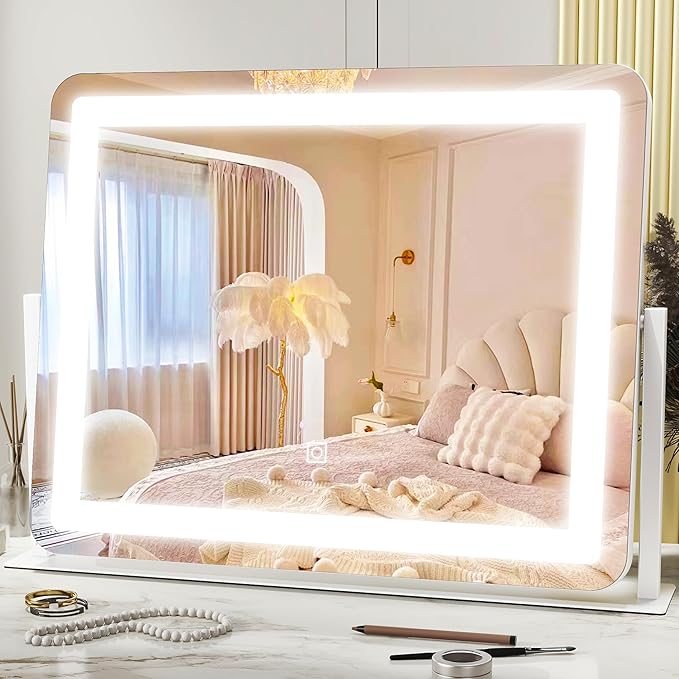 HNV 22"x17" Vanity Mirror with Lights, LED Makeup Mirror with 3 Color Modes & Dimmable Touch Control, 360° Rotation, Aluminum Frame, Large Lighted Mirror for Bedroom or Dressing Table