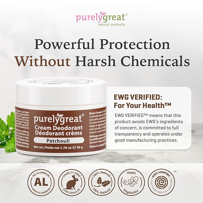 Purelygreat - Patchouli Scented Cream Deodorant, Chemical-Free Hygiene Essentials for Women, Natural Deodorant for Men with Soda & Corn Starch, No Sticky Residue, Parabens & BPA, 1.76 oz / 50 g
