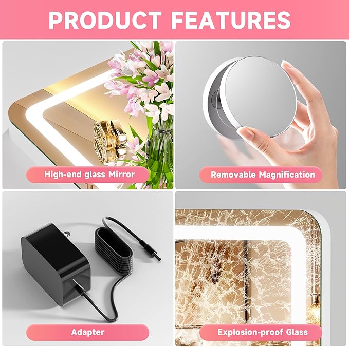 Vanity Mirror with Lights, 23" x 18" LED Makeup Mirror with 10X Magnification, Dimmable 3 Modes, Memory Function, Smart Touch, USB Charging Port, Lighted Makeup Mirror Round White