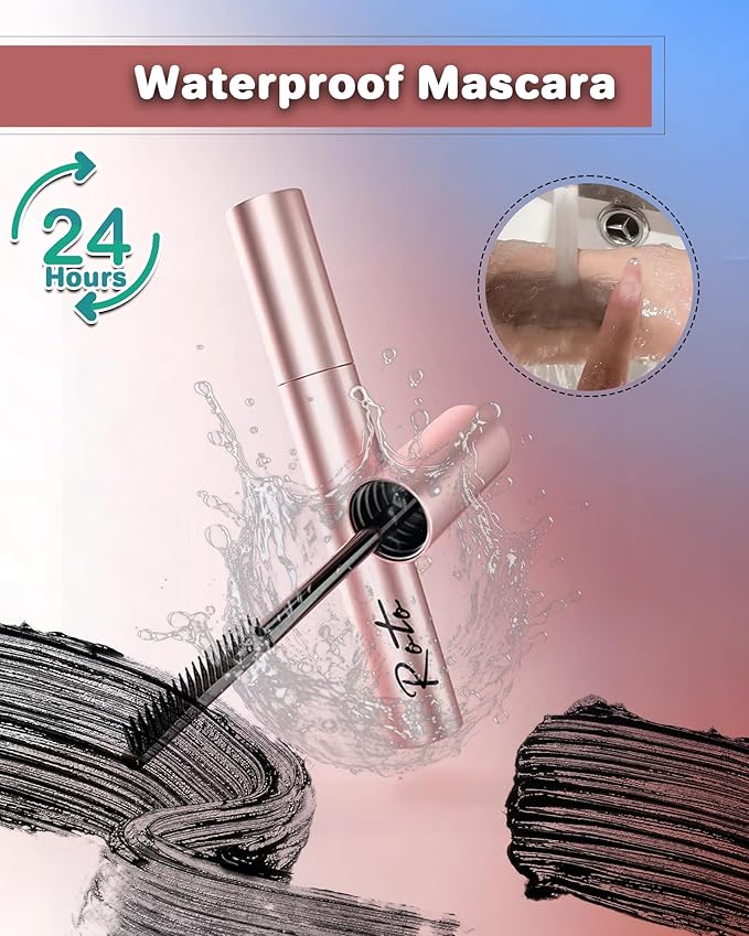3D Curling Iron Wand Mascara - Volumizing Telescopic Mascara, Waterproof & Smudge-Proof, Liquid Lash Extensions Look, No Clumps, Flakes or Residue, Salon-Like Bold Lashes (black+brown+lash curler)
