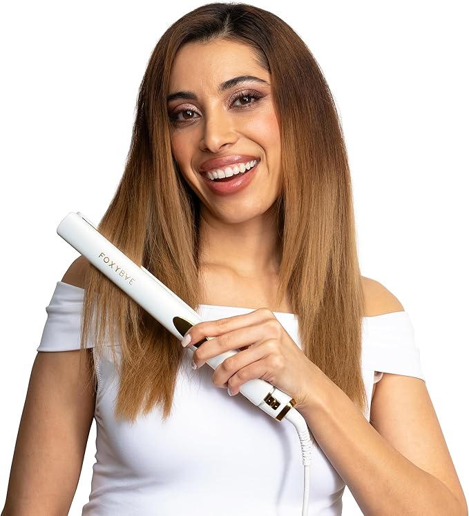 FoxyBae Trés Sleek Titanium Flat Iron Hair Straightener - Frizz-Free, Shinier & Smoother Hair - Dual Voltage Hair Styling Tools - w/LCD Display, Temperature Control, Auto Shut-Off 1" [Pearl Gold]