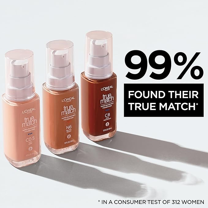 L'Oreal Paris True Match Super-Blendable Foundation, Medium Coverage Liquid Foundation Makeup, C0.5, Light, 1 Fl Oz