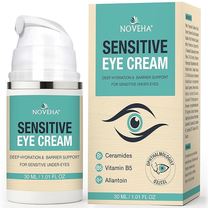 NOVEHA Daily Sensitive Eye Cream for Dry Eyelids & Around Eye – Ceramide Hydrating Eyelid Moisturizer, Anti-Aging Eye Cream for Fine Lines, Puffiness & Crow’s Feet, Vegan, Fragrance-Free, 1 oz