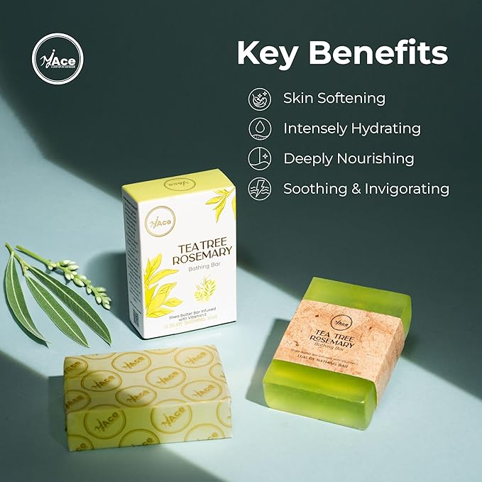 MY ACE Tea Tree & Rosemary Bathing Bar – Handmade with Essential Oils & Coconut Oil, SLES & Paraben Free, Enriched with Shea Butter & Vitamin E – Refreshing & Gentle