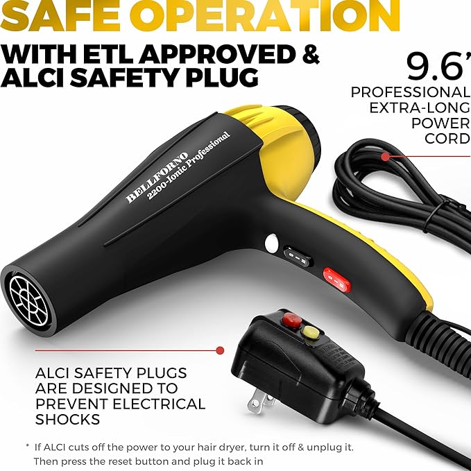 High-Power 2200W Ionic Hair Dryer - Fast-Drying, Constant Temperature Technology, AC Motor - Ideal for Curly Hair Care, Suitable for All Hair Types - HairDryer for Both Women and Men Black/Yellow