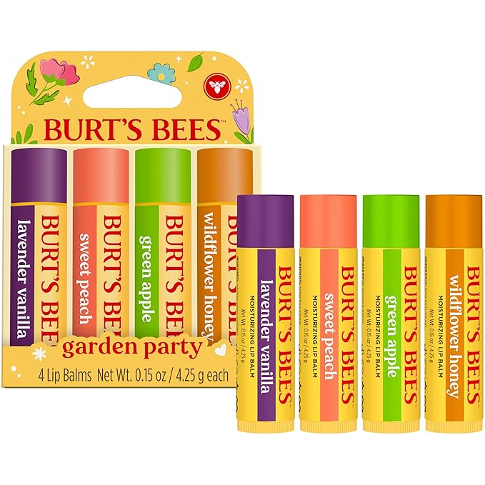 Burt's Bees Back To School Gifts Ideas - Garden Party Lip Balm Set, Lavender Vanilla, Sweet Peach, Green Apple, Wildflower Honey, Natural Origin Lip Treatment, 4 Tubes, 0.15 oz.