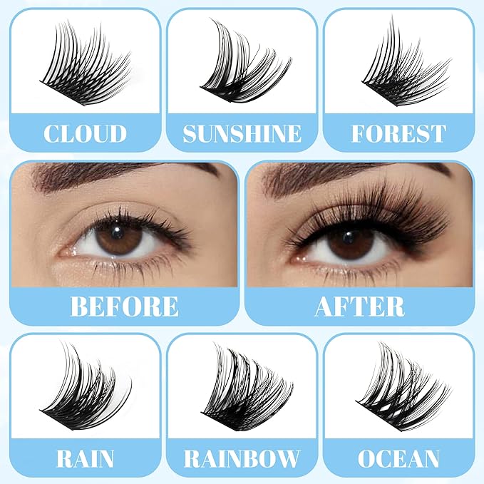 Cluster Lashes GEMERRY Lash Clusters 144 PCS Individual Lashes Two Styles Eyelash Clusters Wide Stem Soft Comfortable Lash Extension Clusters DIY at Home(Cloud/Rain-0.07-D-8-16MIX)