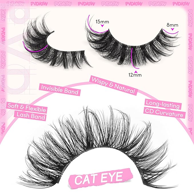 Mink Fake Lashes Wispy False Eyelashes Clear Band Natural Look Cat Eye Lashes Pack 3D 8-15mm Strip Lashes Wispy, 7 Pairs