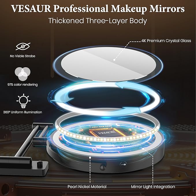 9" Large Wall Mounted Lighted Makeup Mirror Black Nickel, 1X/20X Magnifying Mirror with 3 Color Light, LED Lights Dimmable 5000mAh Rechargeable Wall Mount Makeup Mirror, 360° Swivel 17" for Bathroom