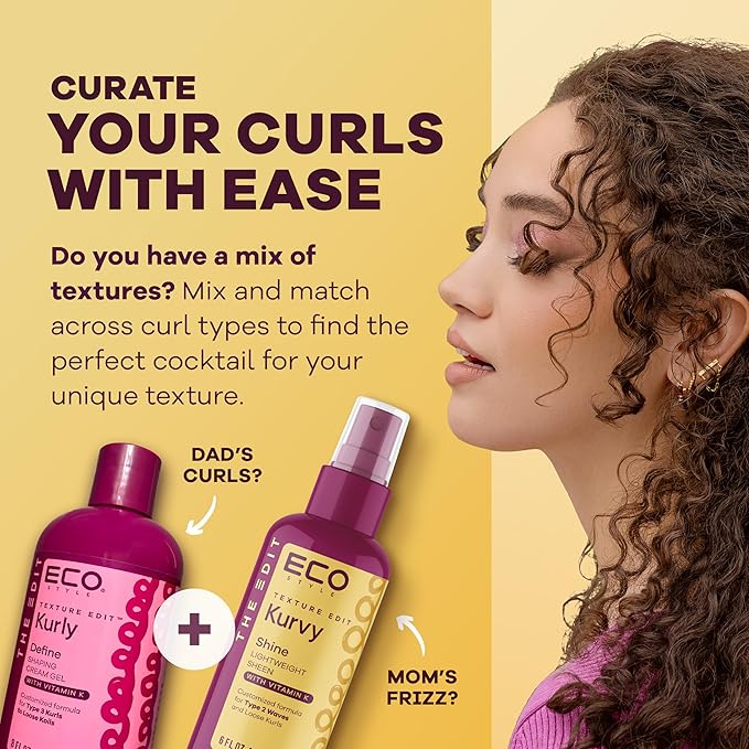 Eco Style, Texture Edit, Kurvy Shine Lightweight Sheen for Type 2a to 2c wavy hair - Finish off any style by adding rich nutrients for a perfectly glorious glow with frizz control. 6 oz.