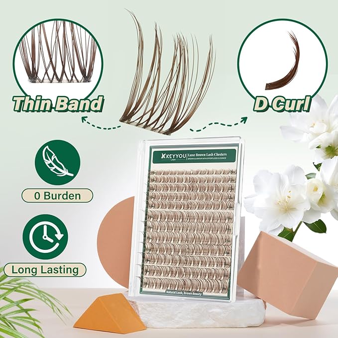 KEYYOU Brown Lash Clusters 144pcs Eyelash Clusters 8-18MIX D Curl Cluster Lashes Soft Fluffy Wispy Lash Clusters Natural Look Brown DIY Lash Extension At Home(Brown03-D-8-18MIX)