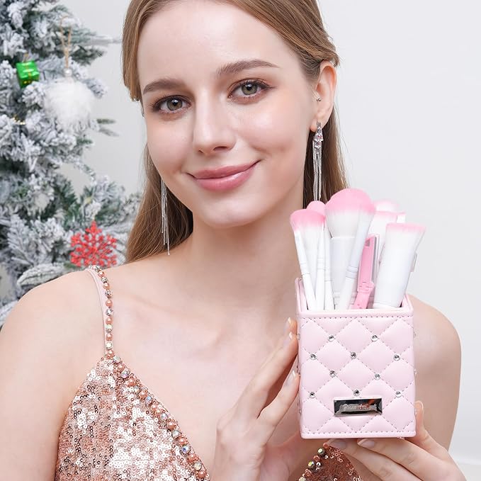 Bueart Design 16Pcs ULTRA SOFT labeled Makeup Brushes set with brush Holder face brush for Foundation Powder Blending Blush wooden Handle(16Pcs White+Pink Holder)