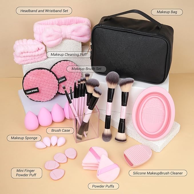 MAGEFY Makeup Brushes 37 Pcs Makeup Kit, Multi-functional Makeup Tool Set with Double-End Powder Blush Eyeshadows Brush Make up Brushes Set Bag,Pink