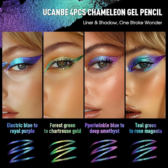 UCANBE 4PCS Chameleon Eyeshadow & Eyeliner Gel Pencil Set - Multichrome Shifting Colors Metallic Glitter Eye Makeup,Waterproof Long-Lasting Smudge-Proof Multi-Dimensional Color