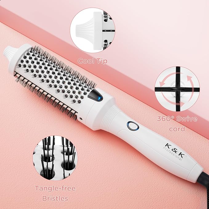 K&K Blowout Boost Thermal Round Brush, 1.5 Inch Ceramic Tourmaline Hot Styling Brush for Blowout Look, Negative Ion Technology Make Hair Smoother Get Natural Curls, Dual Voltage