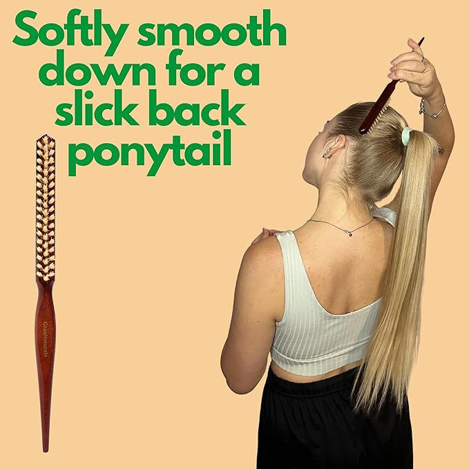 GranNaturals Soft Boar Bristle Teasing Brush for Slick Back Hair, Backcombing, Edge Control, Smoothing Baby Hairs to Create Volume and Sleek Hairstyle - White Bristles - Wooden Rat Tail Comb Handle