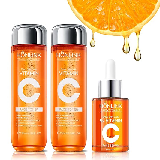 Vitamin C Skincare Set, 2x Toners & 1x Serum, 5X Vitamin C Complex with Hyaluronic Acid & Niacinamide, Hydrating Toner to Refresh Skin & Face Serum to Improve Texture, For All Skin Types