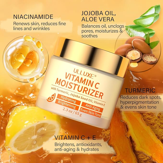 Vitamin C Face Cream, Brightening & Anti Aging Face Moisturizer with Turmeric for Dark Spots, Wrinkles & Uneven Tone, Glowing Skin Care Hydrating with Niacinamide & Squalane for All Skin Types, 2.3 Oz