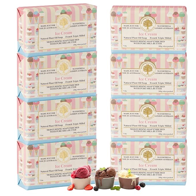 Wavertree & London Ice Cream Scented Natural Soap (8 Bars), 7oz Moisturizing French Triple Milled Soap Bars enriched with shea butter - Pure Plant Oil Bath & Body Bars for All Skin Types