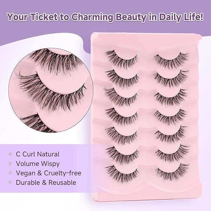 Natural Wispy Cat Eye False Eyelashes 14mm With Thin Memory Band - Soft Strip Lashes Pack C Curl Volume Fake Lashes 7 Pair