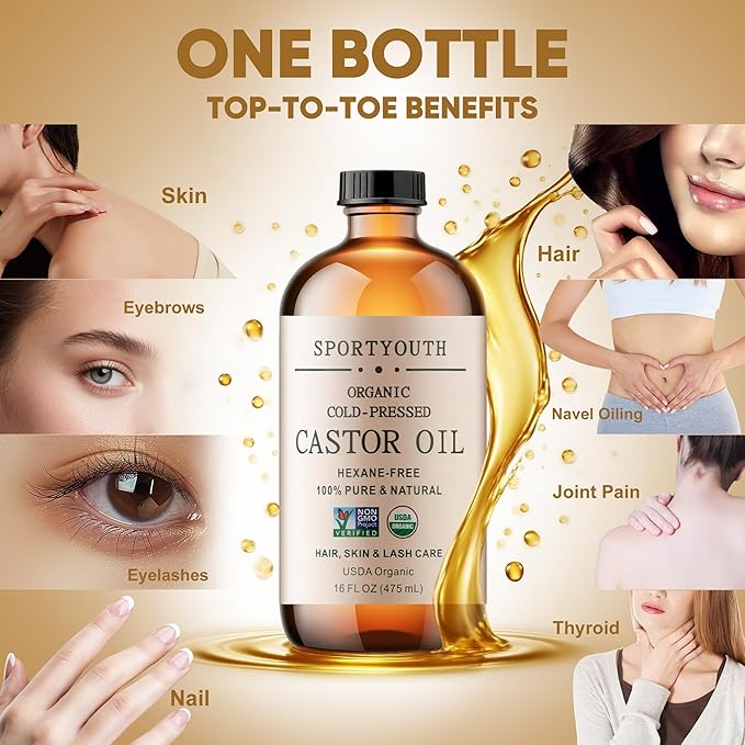 SPORTYOUTH Castor Oil Organic - Cold Pressed, Hexane Free, 100% Pure, USDA Certified, Unrefined Glass Bottle 16oz Non-GMO Carrier Oil for Face, Skin, Hair Growth, Castor Oil Pack, Eyelashes, Brows