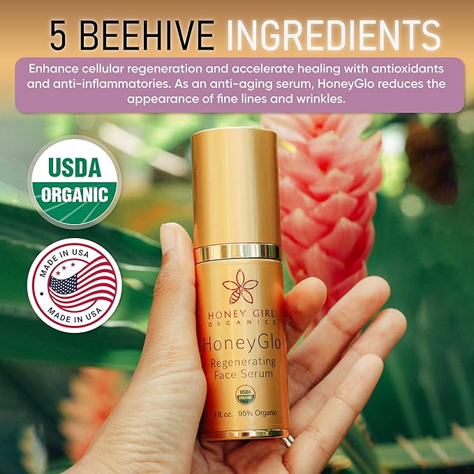 Honey Girl Organics HoneyGlo Regenerating Face Serum, USDA Certified Organic Facial Serum for Women Softens and Moisturizes Skin with Enriched Beehive Ingredients, Vitamin C and EVOO (1 oz)