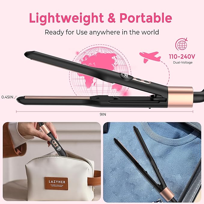 Mini Flat Iron Hair Straightener 1/3 Inch Pencil Flat Iron for Women Portable Travel Straightener and Curler 2 in 1 for Short Hair Beard and Pixie Cut with Adjustable Temp (Rose Gold)