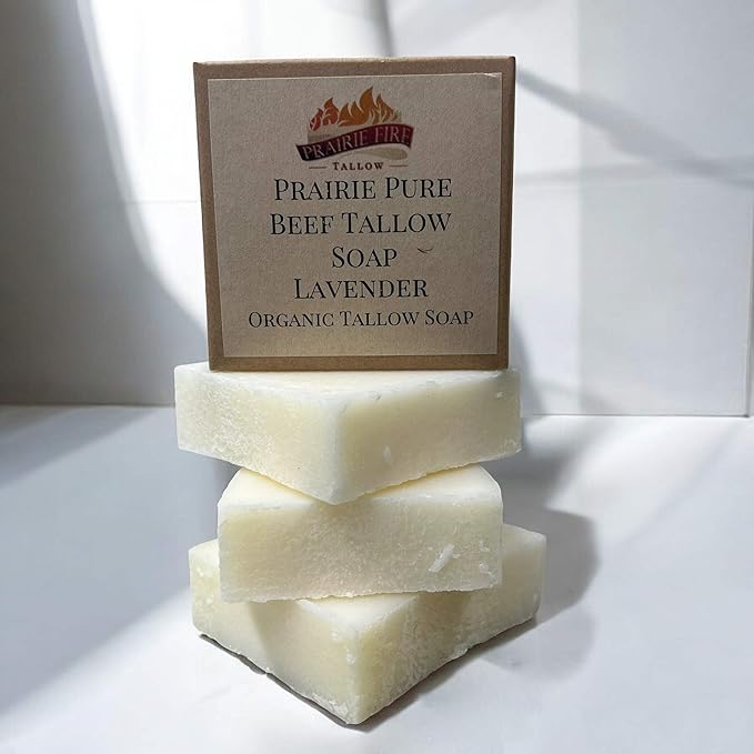 Pure Beef Tallow Soap Bar, (3 Pack) Grass Fed and Finished - Face, Body and Hair - Cleans, Moisturizes, Soothes, and Hydrates. Natural and Organic Lavender